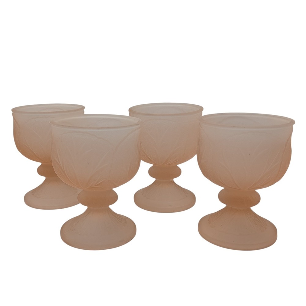 Vintage Frosted Tiara Pink Pressed Glass Stem Goblets Glasses Set of Four 1980s